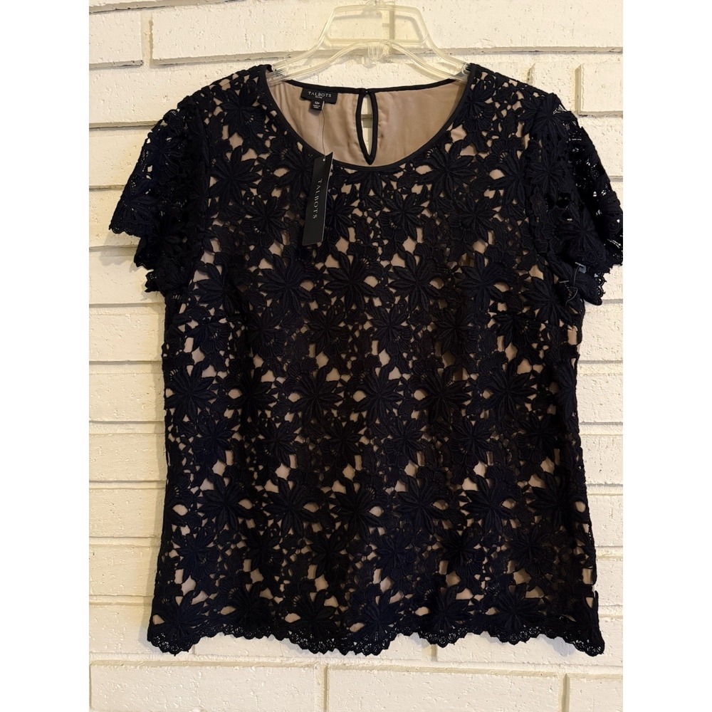 Talbots Top Womens Size 12P Black Lined Lace Short Sleeve Cotton Blend NWT NEW